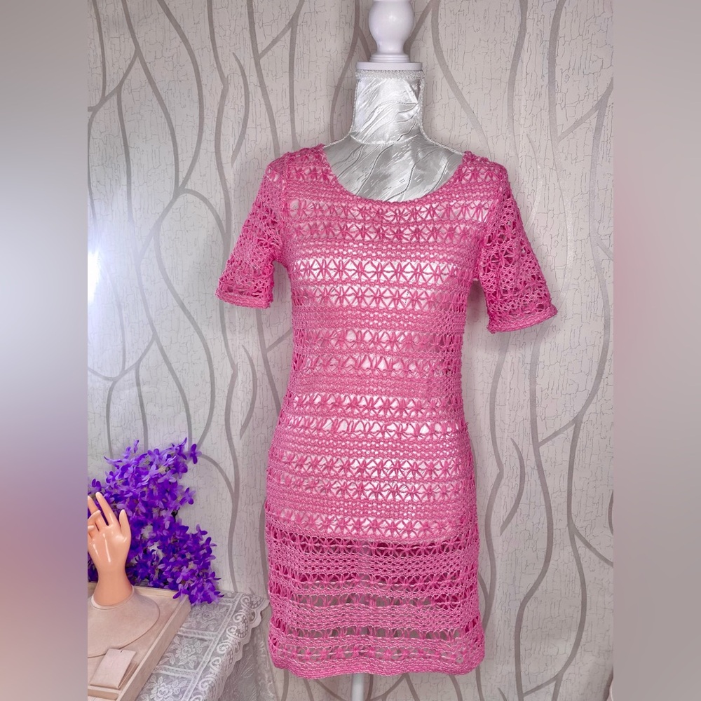 Dex Pink Crochet Short Sleeve Mini Dress